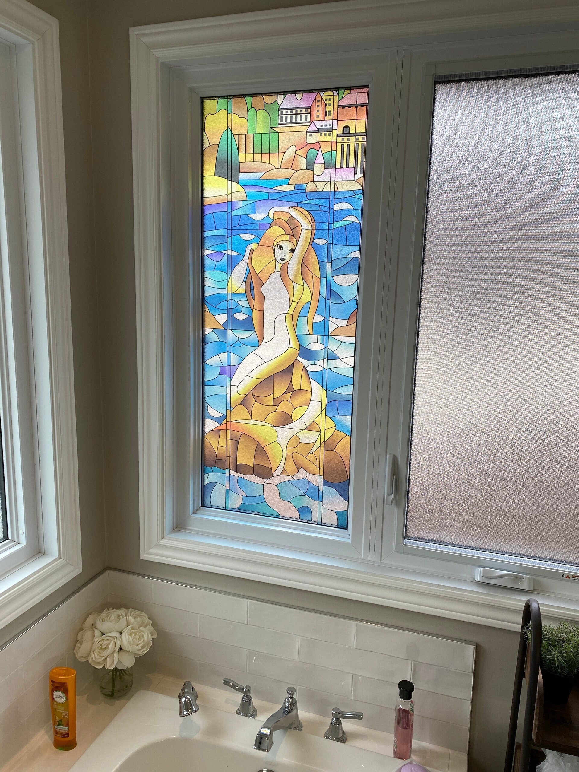 Stained Glass with Mermaid - Translucent Film for Window, Mural, Sticker, Peel and Stick Cover, Self-adhesive Decal, Removable Wrap, Cling.