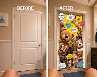Bathroom Door Wrap to Stop Toilet Screen Time with Funny Reading Animals Comic Wrap. Single piece