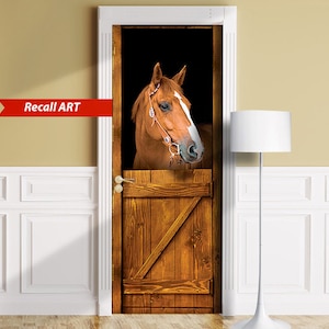 Horse in Stall - Sticker for Door, Wall or Fridge. Peel & Stick Removable Mural, Skin, Cover, Wrap, Decal, Poster, Cling