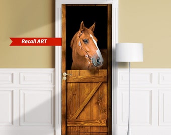 Horse in Stall - Sticker for Door, Wall or Fridge. Peel & Stick Removable Mural, Skin, Cover, Wrap, Decal, Poster, Cling