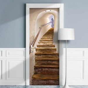 Door Mural - Stairs to Cellar. Removable Decal, Self-adhesive Cover, Cling, Wrap For Window, Wall, Fridge. Cave with Ladder. Backdrop