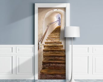 Door Mural - Stairs to Cellar. Removable Decal, Self-adhesive Cover, Cling, Wrap For Window, Wall, Fridge. Cave with Ladder. Backdrop