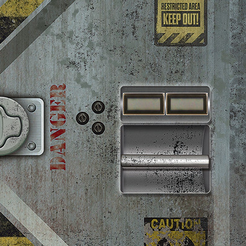 May include: A weathered metal panel with the word "DANGER" in red. Features a rectangular digital display, a handle, and a "RESTRICTED AREA KEEP OUT!" sign. The panel has a grunge aesthetic.