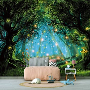 Foresta magica delle fate - Adesivo murale rimovibile, decalcomania, carta da parati, arazzo, fondale. Progettazione della cameretta del bambino, dimensioni personalizzate.