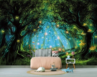 Fairy Magic Forest - Self-adhesive Removable Mural, Decal, Wallpaper, Tapestry, Backdrop. Nursery design, custom size.