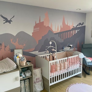 View on the Wizards&#39; Castle - Self-adhesive Removable Mural, Decal, Wallpaper, Backdrop. Grey Blush. Nursery design, custom size