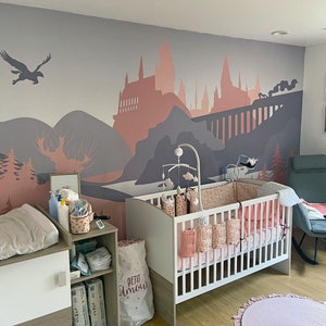 View on the Wizards' Castle - Self-adhesive Removable Mural, Decal, Wallpaper, Backdrop. Grey Blush. Nursery design, custom size