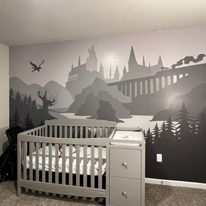 View on the Wizards' Castle in the Warm Grey - Self-adhesive Removable Mural, Decal, Wallpaper, Backdrop. Nursery design, custom size