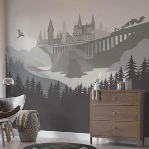 Kasteelmuurschildering in warm grijs - Zelfklevende verwijderbare muurschildering, sticker, behang, achtergrond. School of Wichcraft Nursery-ontwerp, op maat gemaakt