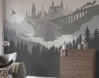 Castle Wall Mural in Warm Gray - Self-adhesive Removable Mural, Decal, Wallpaper, Backdrop. School of Wichcraft Nursery design, custom size