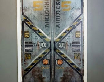 Double Door Wraps - Sci Fi Bunker, Armored Airlock. Set of 2 Decals, Spaceship, Self-adhesive Covers, Murals, Man Cave Decor, 3D effect