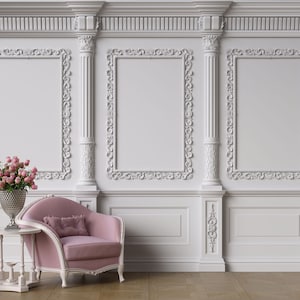 Flat Wallpaper - Classic Baroque Wall with Moldings and Columns. Self-adhesive Removable Mural, Decal or Tapestry, Backdrop, Custom size