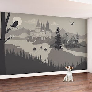 Kasteel in het warme grijs - Zelfklevende verwijderbare muurschildering, sticker, behang, achtergrond. School of Magic Nursery Grafisch Ontwerp.