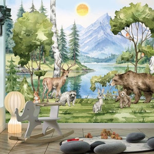 赤ちゃんの森の壁画、森の動物の取り外し可能なデカール、保育園の壁紙、水彩画の自然の背景、幼児の野生動物の部屋の壁アート