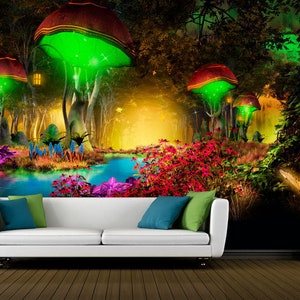 Peel and Stick Mural Magic Mushrooms - Carta da parati autoadesiva in vinile, decalcomania, dimensioni personalizzate