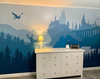 View on the Castle of Wizards in the Blue - Self-adhesive Removable Mural, Decal, Wallpaper, Tapestry, Backdrop. Nursery design, custom size