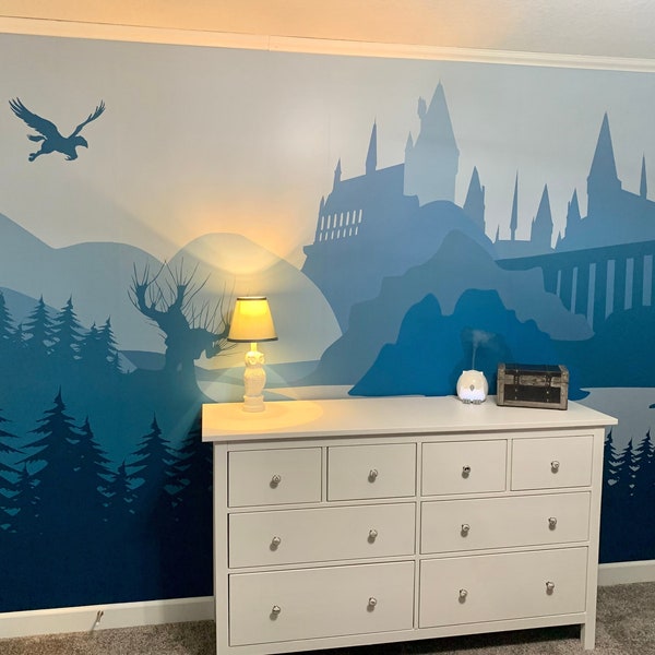 View on the Castle of Wizards in the Blue - Self-adhesive Removable Mural, Decal, Wallpaper, Tapestry, Backdrop. Nursery design, custom size