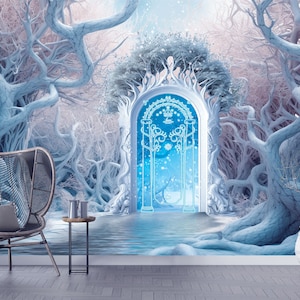 Magic Gates - Adesivo murale, decalcomania, carta da parati, fondale. Decorazione per la cameretta dei bambini fantasy, stacca e attacca la foresta invernale, Fairytail