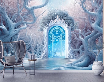 Magic Gates - Self-adhesive Removable Mural, Decal, Wallpaper, Backdrop. Fantasy Nursery decor, Peel and Stick Winter Forest, Fairytail