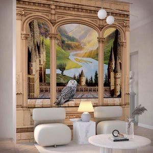 Castello del mago: decorazione murale, decalcomania rimovibile, carta da parati in tessuto non tessuto o fondale in tessuto. Vista del paesaggio dalla sala comune con il gufo magico