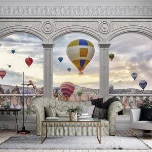 Premium Wall Mural - Terrace, Balcony with Arches. Balloons in Sky. 3D Self-adhesive Removable Decal, Wallpaper, Backdrop. Custom size.