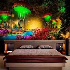 Magic Mushrooms Wall Mural Mural  - Vinyl Self-adhesive Wallpaper, Peel and Stick Decal, Nursery Decoration