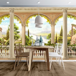 Wall Mural - Antique Terrace, Balcony, Arches. View of Landscape with Mountains, River. Self-adhesive Removable Decal, Wallpaper, Backdrop