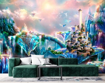 Flying Temple - Wall mural, removable sticky decal, self-adhesive vinyl, tapestry fabric, nonwoven wallpaper. Flying lands.