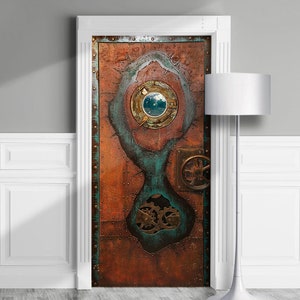 Door Mural - Steampunk Leather Portal, Illuminator. Decal for Window, Wall, Fridge, Peel and Stick, Self-adhesive Decal, Wrap, Cling.