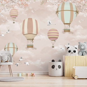Fotomurale - Palloncini rosa con cigni nel cielo primaverile - Adesivo murale rimovibile, decalcomania, arazzo, sfondo. Progettazione di camerette, dimensioni personalizzate