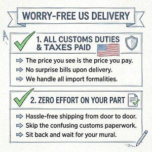 May include: A hand-drawn style graphic with the text "WORRY-FREE US DELIVERY". It details customs duties, taxes, and import formalities. The text also mentions hassle-free shipping and zero effort on the customer's part.