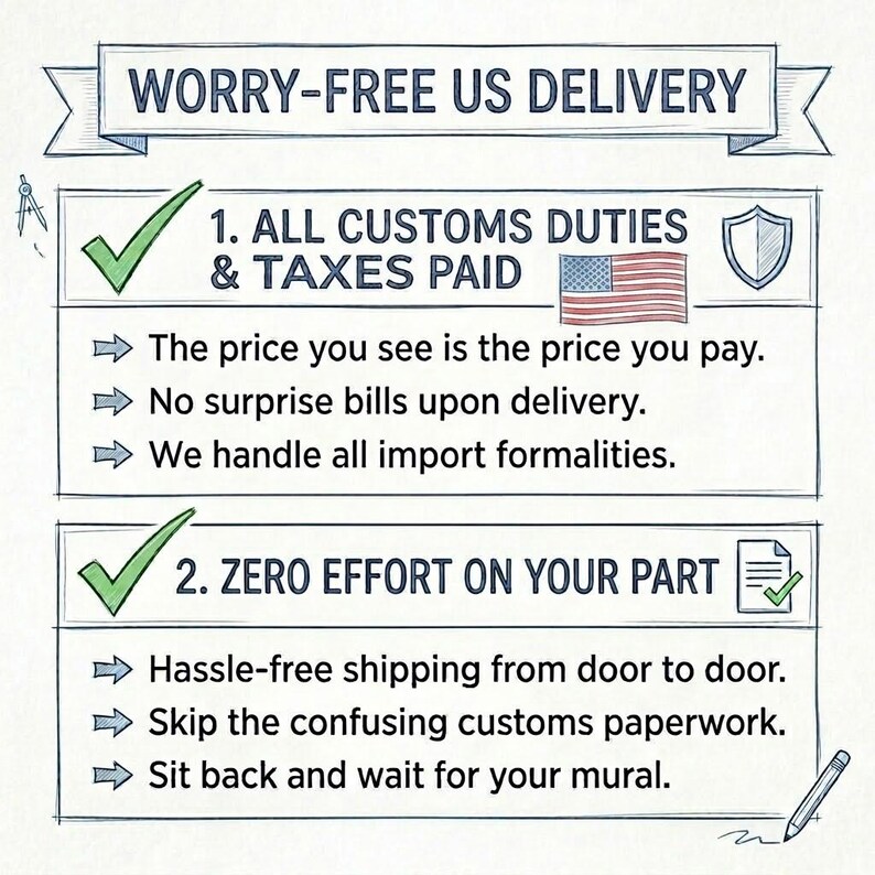 May include: A hand-drawn style graphic with the text "WORRY-FREE US DELIVERY". It details customs duties, taxes, and import formalities. The text also mentions hassle-free shipping and zero effort on the customer's part.