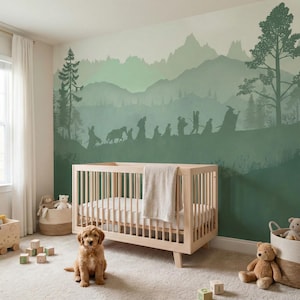 May include: A nursery with a light wood crib, a beige blanket, and a green mountain mural. A golden retriever puppy sits on the carpet. Baskets with stuffed animals and wooden blocks are also in the room.