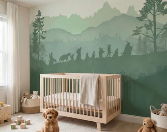 Fellowship Wallpaper, Wall Mural, Walking Silhouettes in Fantasy Mountains, Landscape Background, Nursery Forest Wall Decor in 3 Palettes