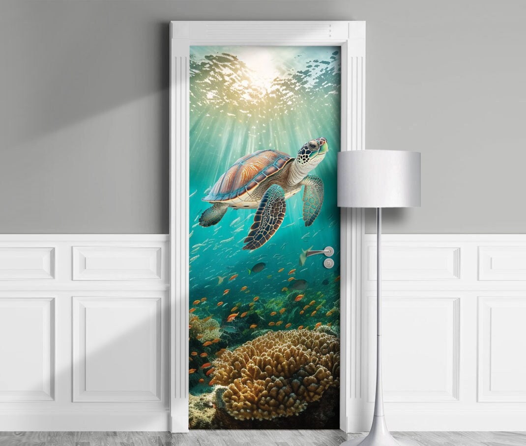 Turtle Door Mural, Tropical Underwater Sea Life Door Mural, Decal for Window, Wall, Peel Stick Wrap, Self-adhesive Cling. Caribbean corals