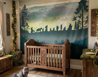 Wall Tapestry: Walking Brave Fellows on Epic Journey in Fantasy Mountains, Landscape  Backdrop, Heroic Expedition