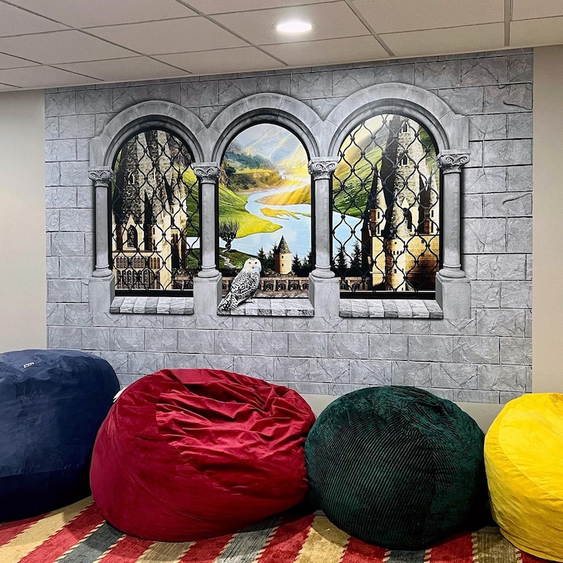 Wizards Castle Terrace - Nursery Wall Mural, Peel Stick Decal, Wallpaper or Fabric Backdrop. School Withcraft Balcony View from inside.