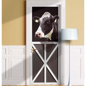 Black Cow in Farm, 3D Effect - Mural for Door, Wall, Fridge, Sticker, Peel and Stick Cover, Self-adhesive Decal, Wrap, Cling. ALL DOOR SIZES