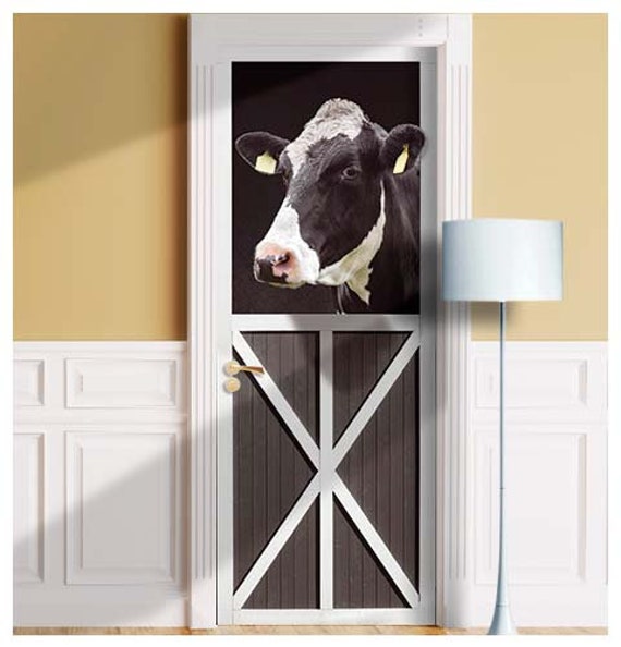 Black Cow in Farm 3D Effect Mural for Door Wall Fridge 