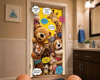 Bathroom Door Mural to Stop Toilet Screen Time with Funny Reading Animals Comic Wrap