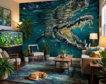 Crocodile Wall Mural Van Gogh Painting Style, Underwater Alligator Peel Stick Classic Wallpaper or Tapestry Exotic Animal Decor, Custom Size