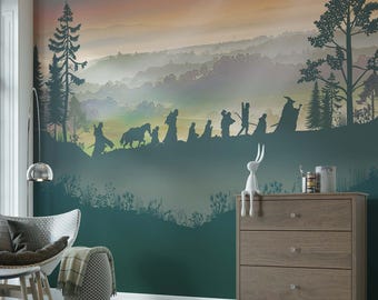Walking Fellowship Wall Mural, Self-adhesive Fantasy Decal, Wallpaper, Tapestry, Backdrop, Nursery Design in Pastel Tones, Custom Size Decor
