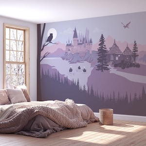 Papier peint mural Château en lavande - Autocollant amovible, papier peint, toile de fond. École de magie, décoration de crèche.