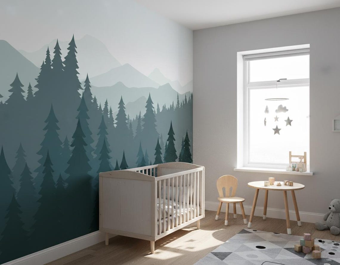 Forest Mountain Nursery Mural, Scandinavian Pine Tree Wall Decor ...