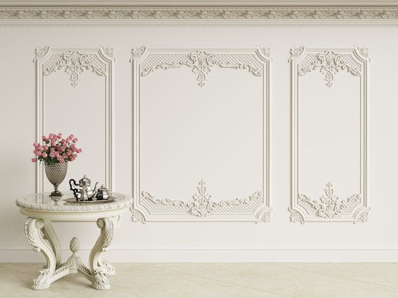 Faux Boiserie Wall Mural, 3D Effect Panel Molding, Beige Wainscoting Wallpaper, Peel and Stick or Non-Woven, Classic French Interior Decor