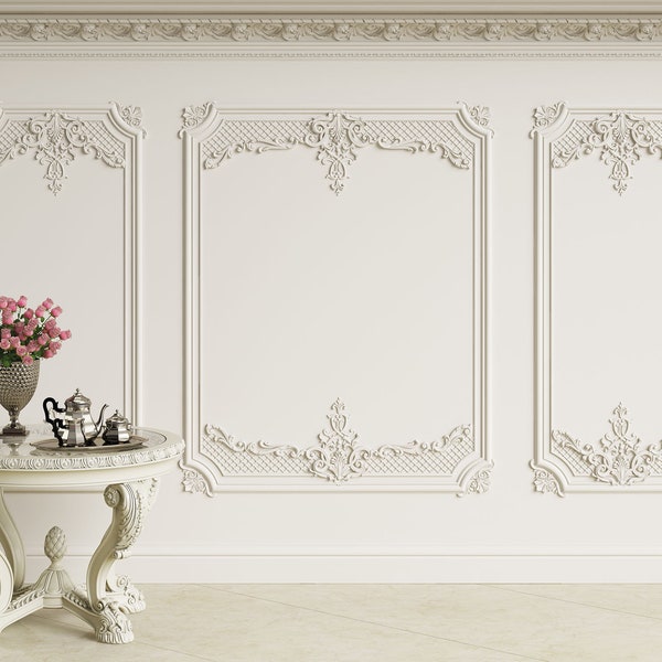 Wainscoting Wall Mural - Flat Wallpaper like Classic Baroque Wall. 3D-looking. Self-adhesive Removable Mural, Decal or Tapestry, Backdrop