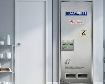 Airplane Lavatory Door Mural: Realistic Self-Adhesive Vinyl Wrap, Funny Bathroom Decor for AvGeeks & Travelers, Ready for Takeoff Door Decal