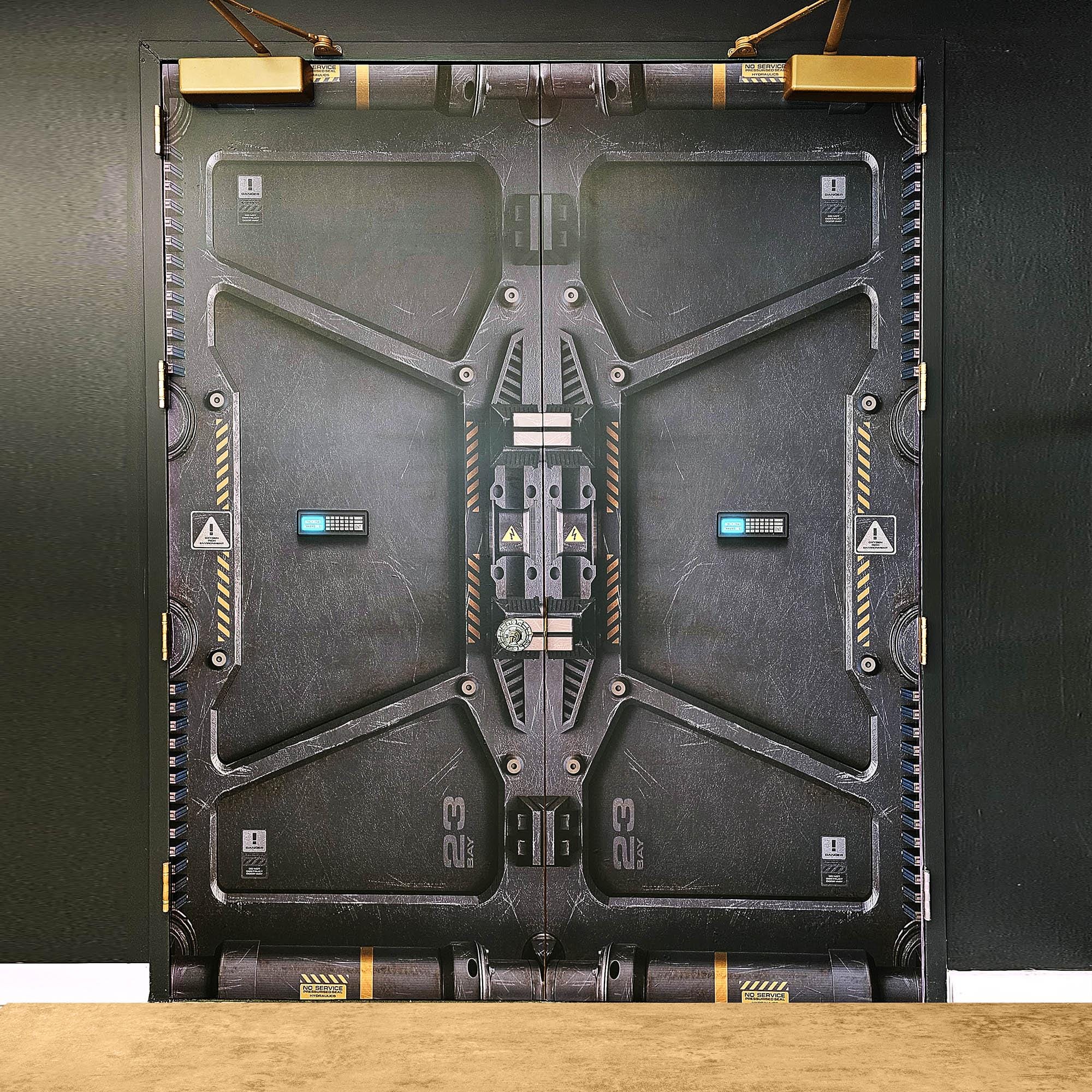 Adesivi per porte doppie - Bunker fantascientifico, Porta blindata. Set di 2 adesivi per porte da fienile, adesivi murali, decorazioni per caverne per