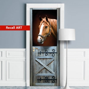 Door Mural - Horse in Stall. Western Barn Decal, Removable, Self-adhesive Cling, Wrap. For Window, Wall, Fridge. Backdrop, Tapestry