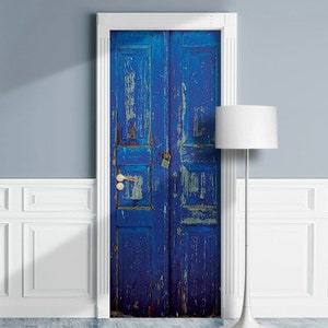 Door Mural - Greek Town Blue Entrance in Santorini. Decal for Door, Window, Wall, Fridge, Sticky, Self-adhesive Decal, Wrap, Backdrop